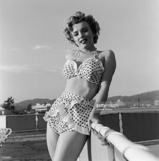 marilyn monroe wearing a polka dot vintage biknini