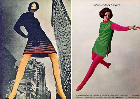 1960s advertisements showing mini skirts with colored tights